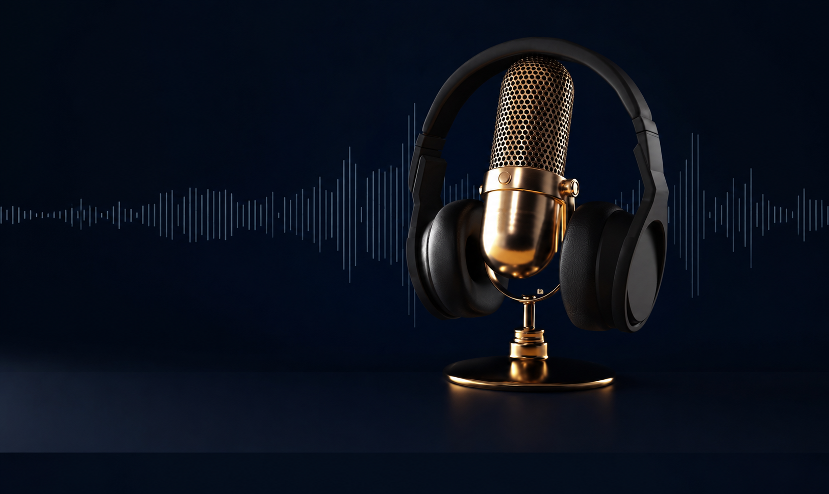 Gold podcast microphone and headphones for ArtMa podcast advertising